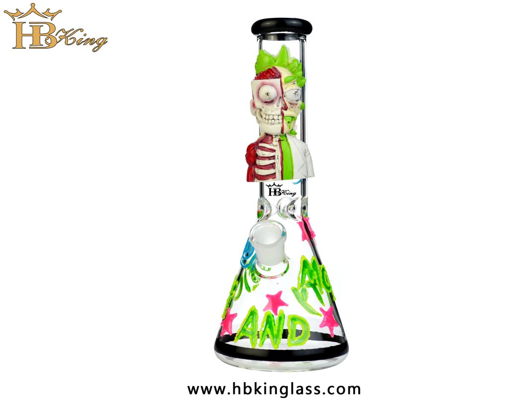 KQ61 11inch thick glass beaker bong 3D hand draw Rick morty cartoon