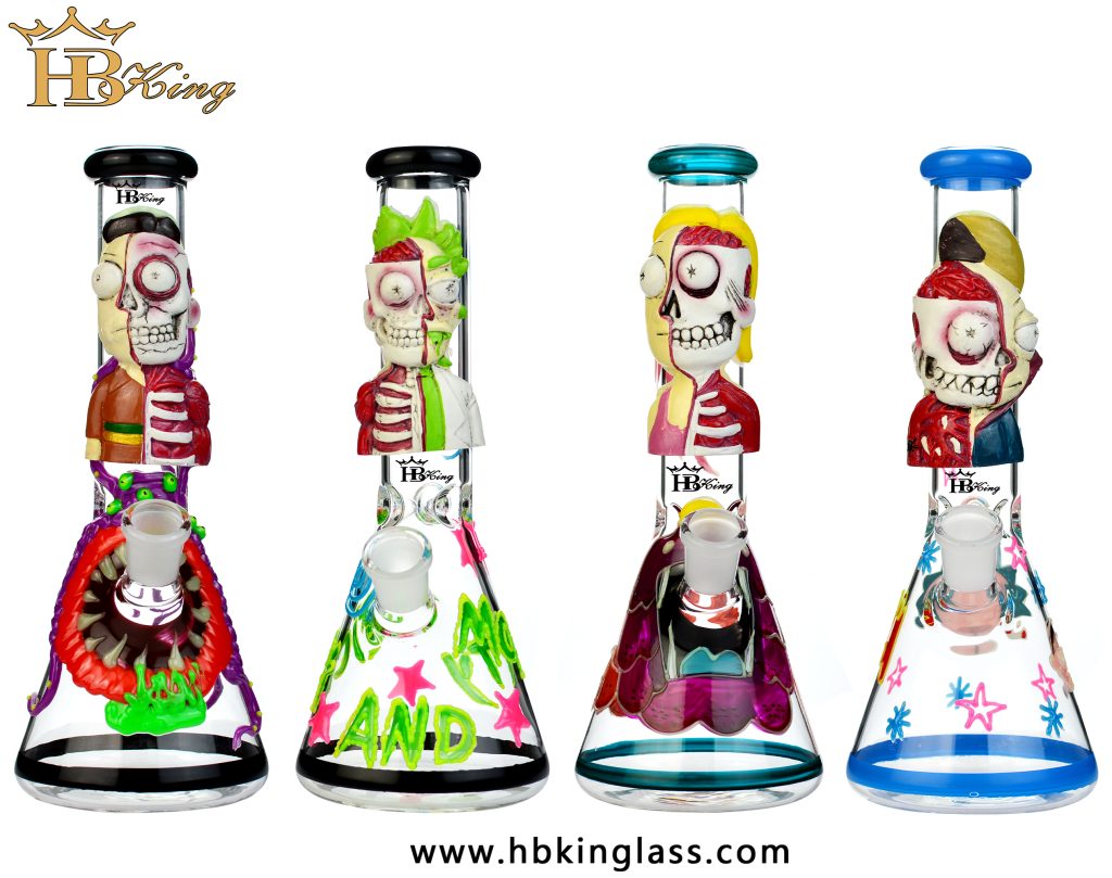 KQ61 11inch thick glass beaker bong 3D hand draw Rick morty cartoon