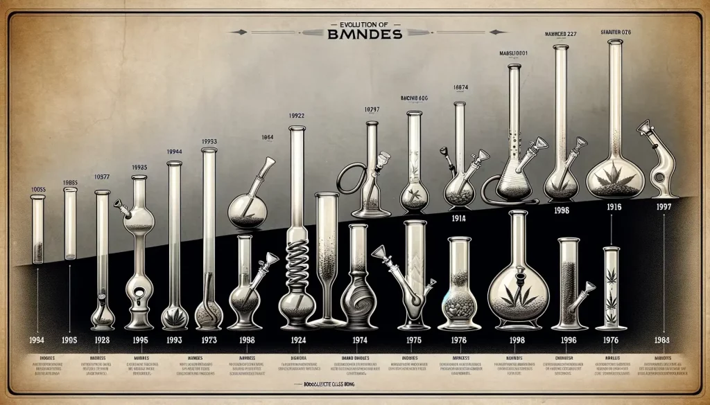 A detailed historical timeline showing the evolution of bong designs. Starting from the left, the timeline begins with basic