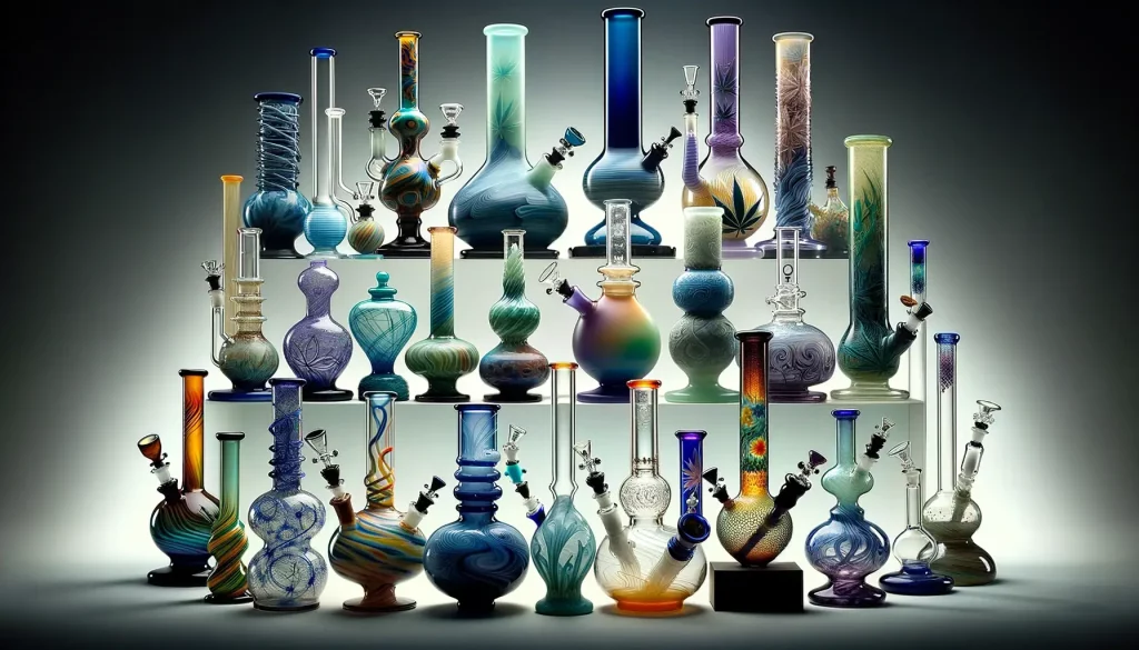 A gallery of intricate bong designs made from borosilicate glass