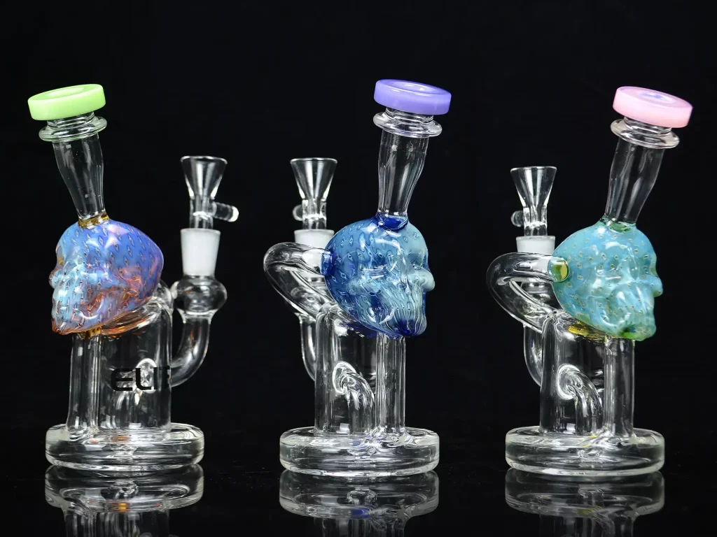 Several glass bongs made of Northstar glass rods have different shapes and rich colors