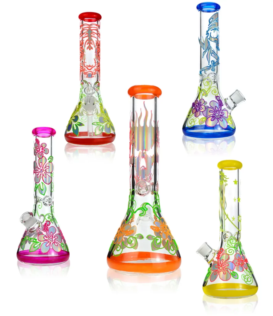 A wide range of wholesale grade glass bongs in different designs and colors