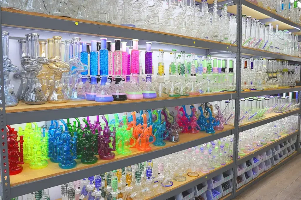 Thick glass bongs on display in retail stores