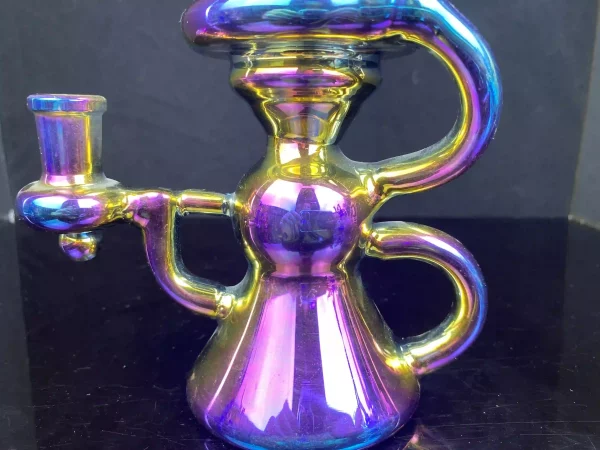 Close-up of the sturdy, shimmering base of the iridescent bong