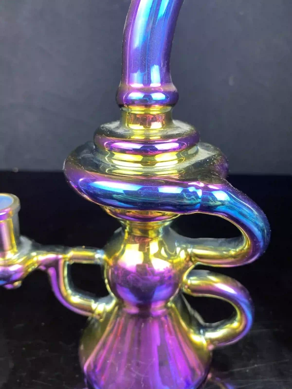 Midsection detail highlighting the recycler pathway on the iridescent bong