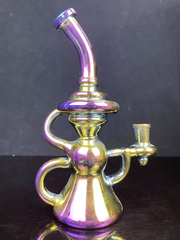 Side angle of the iridescent recycler bong, displaying the sleek design