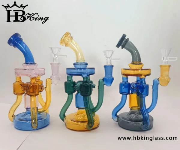 three different color recycler bong glass dab rigs